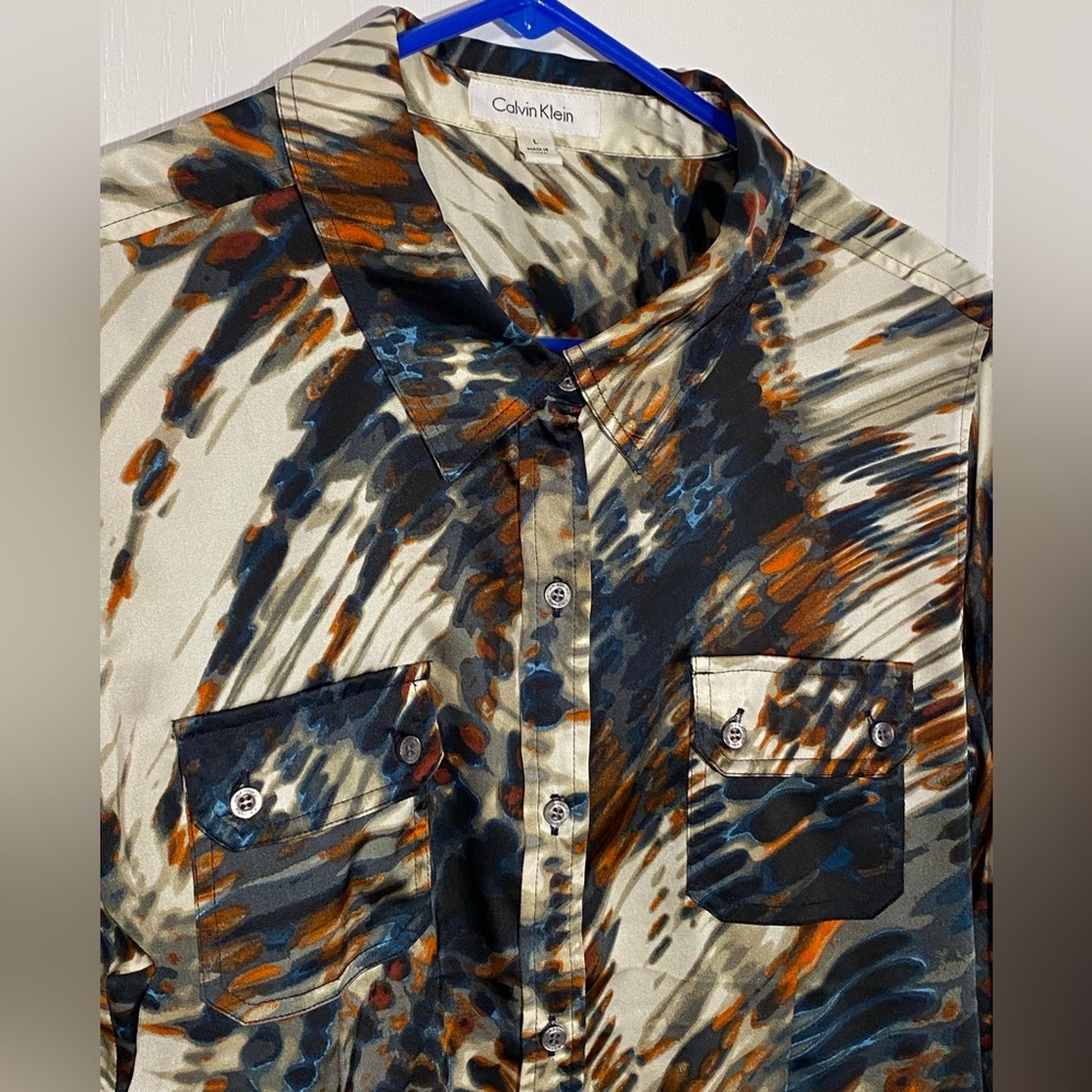 Calvin Klein Abstract Brushstroke Print Roll Tab Long Sleeve Silky Blouse Large - Picture 3 of 7
